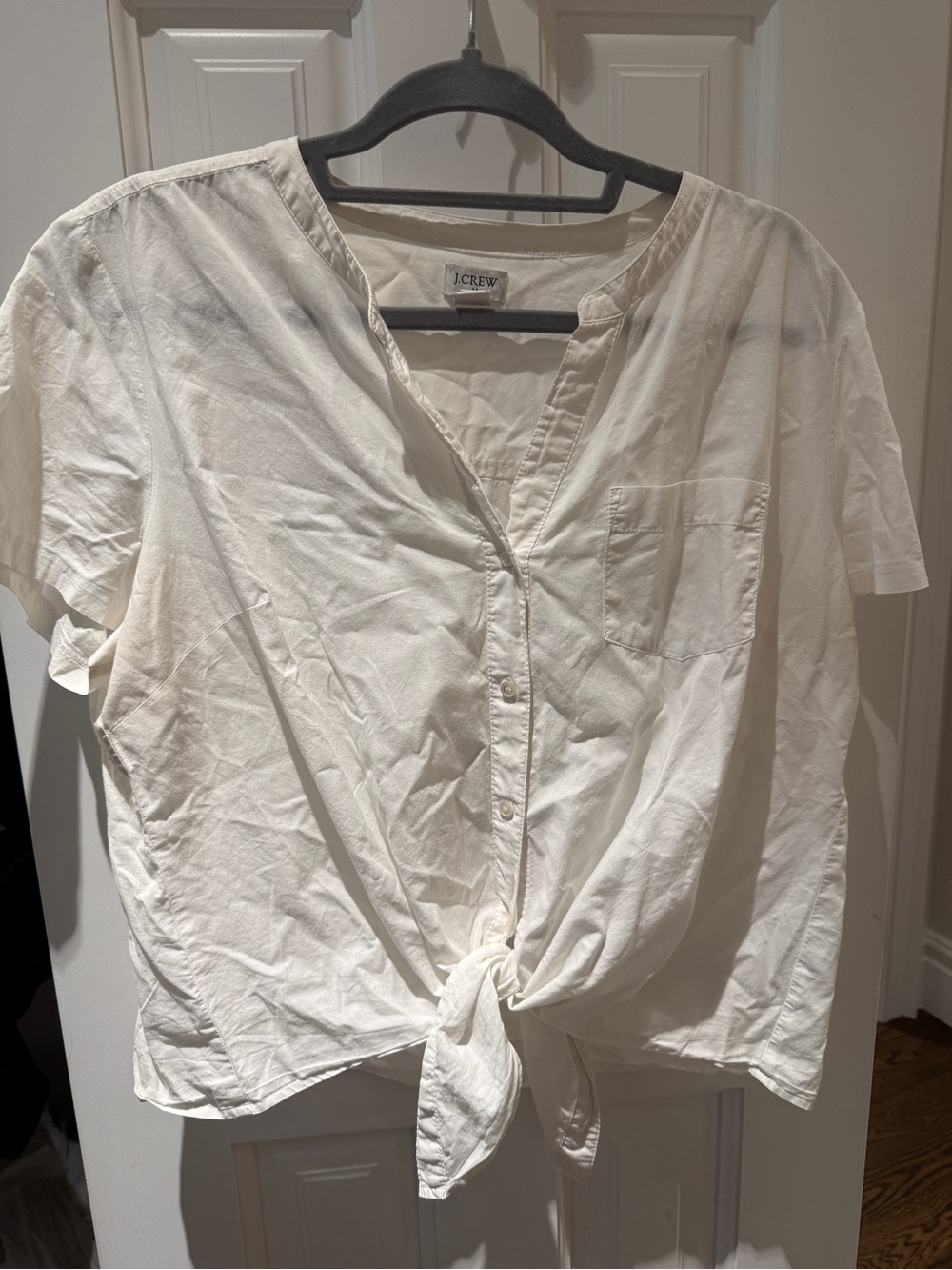 J. Crew Cream Short Sleeve Button-Front Tie Top